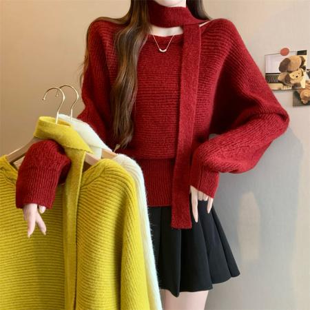 FA46366# 新版韩风设计感一字肩长袖针织衫毛衣 服裝批發女裝批發服飾貨源