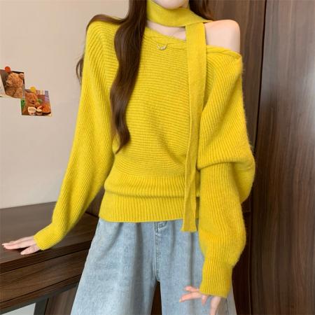 FA46366# 新版韩风设计感一字肩长袖针织衫毛衣 服裝批發女裝批發服飾貨源