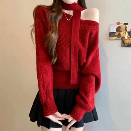 FA46366# 新版韩风设计感一字肩长袖针织衫毛衣 服裝批發女裝批發服飾貨源