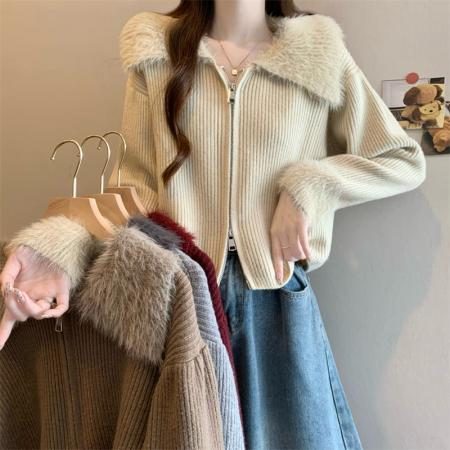 FA46368# 新版韩风设计感水貂毛拼接毛衣短款开衫外套 服裝批發女裝批發服飾貨源