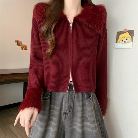 FA46368# 新版韩风设计感水貂毛拼接毛衣短款开衫外套 服裝批發女裝批發服飾貨源