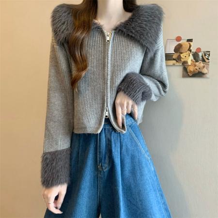 FA46368# 新版韩风设计感水貂毛拼接毛衣短款开衫外套 服裝批發女裝批發服飾貨源