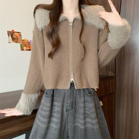 FA46368# 新版韩风设计感水貂毛拼接毛衣短款开衫外套 服裝批發女裝批發服飾貨源