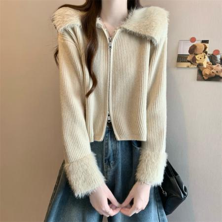 FA46368# 新版韩风设计感水貂毛拼接毛衣短款开衫外套 服裝批發女裝批發服飾貨源