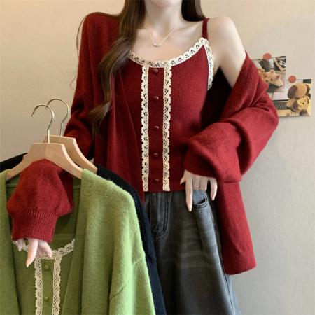 FA46369# 新版韩风设计感蕾丝边背心+针织开衫外套套装 服裝批發女裝批發服飾貨源