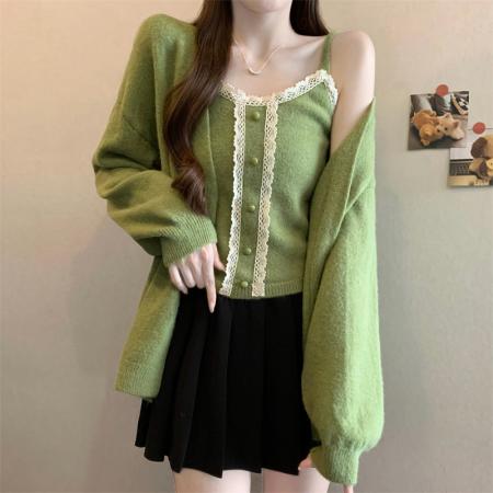 FA46369# 新版韩风设计感蕾丝边背心+针织开衫外套套装 服裝批發女裝批發服飾貨源