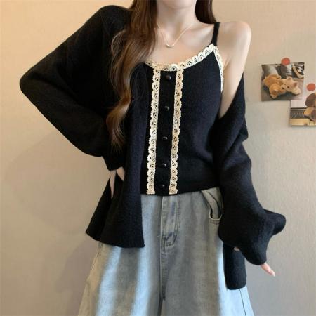 FA46369# 新版韩风设计感蕾丝边背心+针织开衫外套套装 服裝批發女裝批發服飾貨源