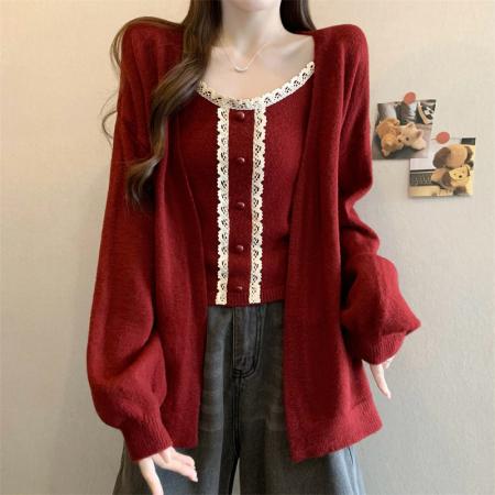 FA46369# 新版韩风设计感蕾丝边背心+针织开衫外套套装 服裝批發女裝批發服飾貨源