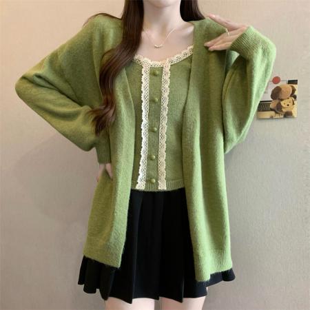 FA46369# 新版韩风设计感蕾丝边背心+针织开衫外套套装 服裝批發女裝批發服飾貨源