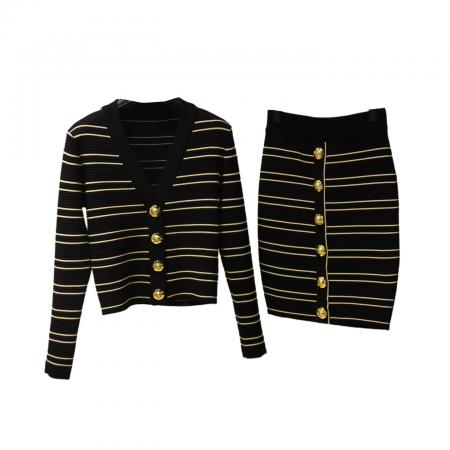 FA46370# 法式小香风V领黑金条纹金色扣针织开衫上衣半身裙两件套套装早秋 服裝批發女裝批發服飾貨源
