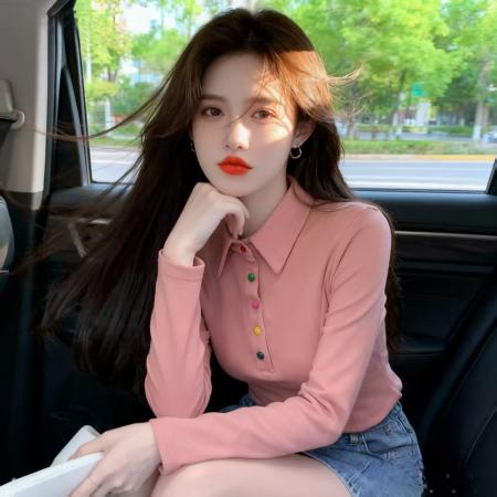 FA46373# 秋季新款韩版时尚纽扣翻领polo衫气质修身百搭长袖上衣女 服裝批發女裝批發服飾貨源