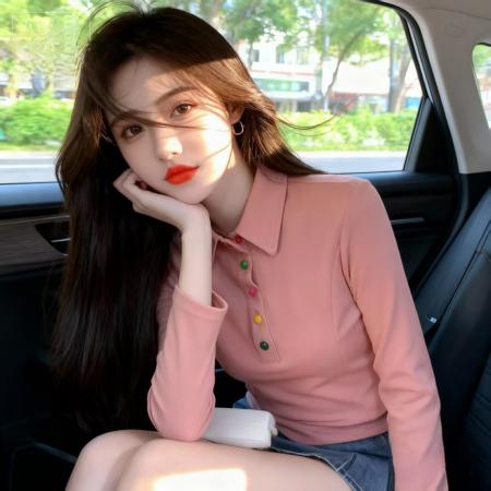 FA46373# 秋季新款韩版时尚纽扣翻领polo衫气质修身百搭长袖上衣女 服裝批發女裝批發服飾貨源