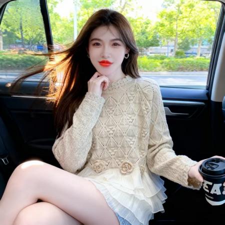 FA46374# 冬季新款韩版时尚气质雪纺拼接毛衣宽松简约百搭纯色上衣 服裝批發女裝批發服飾貨源