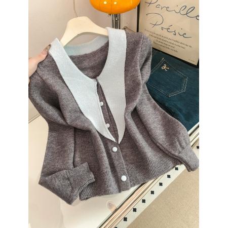 FA46375# 韩系撞色甜美温柔风尖领设计感小众毛衣针织开衫外套上衣女 服裝批發女裝批發服飾貨源