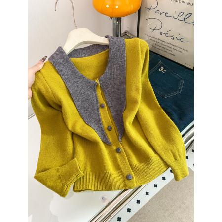 FA46375# 韩系撞色甜美温柔风尖领设计感小众毛衣针织开衫外套上衣女 服裝批發女裝批發服飾貨源