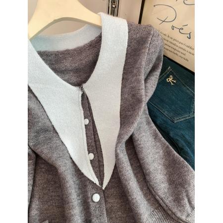 FA46375# 韩系撞色甜美温柔风尖领设计感小众毛衣针织开衫外套上衣女 服裝批發女裝批發服飾貨源