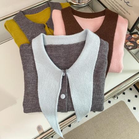 FA46375# 韩系撞色甜美温柔风尖领设计感小众毛衣针织开衫外套上衣女 服裝批發女裝批發服飾貨源