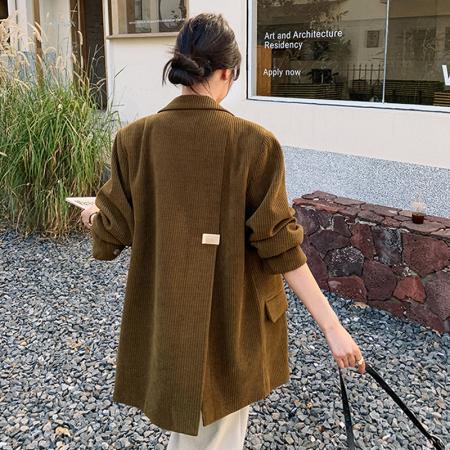 FA46376# 后背开叉灯芯绒西装外套女秋新款小个子气质名媛宽松休闲西服 服裝批發女裝批發服飾貨源