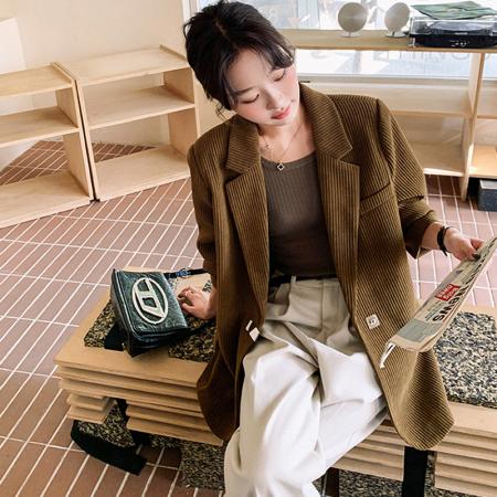 FA46376# 后背开叉灯芯绒西装外套女秋新款小个子气质名媛宽松休闲西服 服裝批發女裝批發服飾貨源