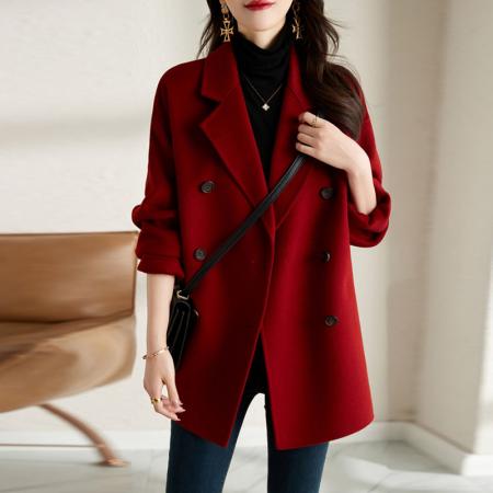 FA46378# 秋冬新款韩版呢子大衣女双排扣西装领显瘦毛呢外套小个子上衣 服裝批發女裝批發服飾貨源