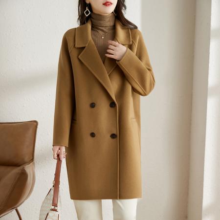 FA46379# 秋冬新款高级感灰色人字纹毛呢外套双排扣中长款呢子大衣女 服裝批發女裝批發服飾貨源