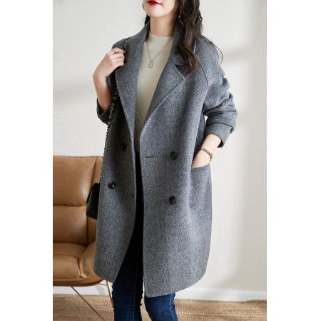 FA46379# 秋冬新款高级感灰色人字纹毛呢外套双排扣中长款呢子大衣女 服裝批發女裝批發服飾貨源
