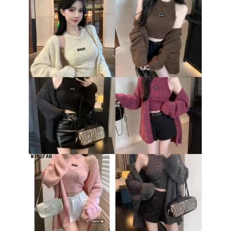 FA46381# 韩国东大门辣妹风新款紧身挂脖显瘦针织背心慵懒洋气开衫毛衣两件 服裝批發女裝批發服飾貨源