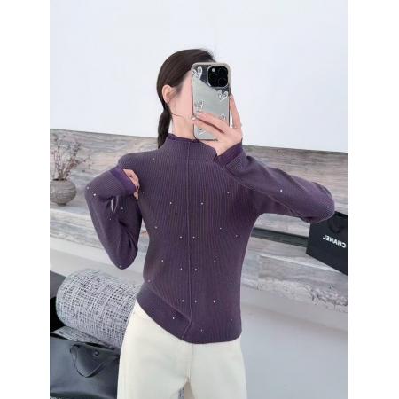 FA46383# 秋冬新款烫钻修身显瘦柔软针织打底衫女气质木耳边纯色半高领上衣 服裝批發女裝批發服飾貨源