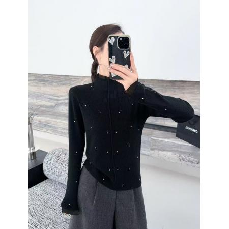 FA46383# 秋冬新款烫钻修身显瘦柔软针织打底衫女气质木耳边纯色半高领上衣 服裝批發女裝批發服飾貨源