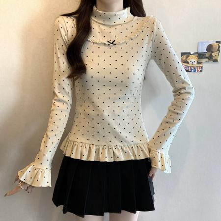 FA46384# 大码秋冬新款高领针织爱心波点蕾丝蝴蝶结荷叶边打底衫上衣 服裝批發女裝批發服飾貨源