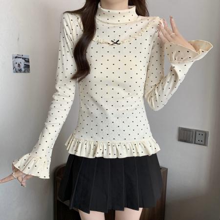 FA46384# 大码秋冬新款高领针织爱心波点蕾丝蝴蝶结荷叶边打底衫上衣 服裝批發女裝批發服飾貨源