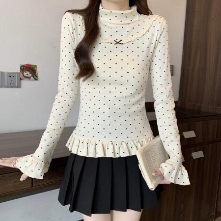 FA46384# 大码秋冬新款高领针织爱心波点蕾丝蝴蝶结荷叶边打底衫上衣 服裝批發女裝批發服飾貨源