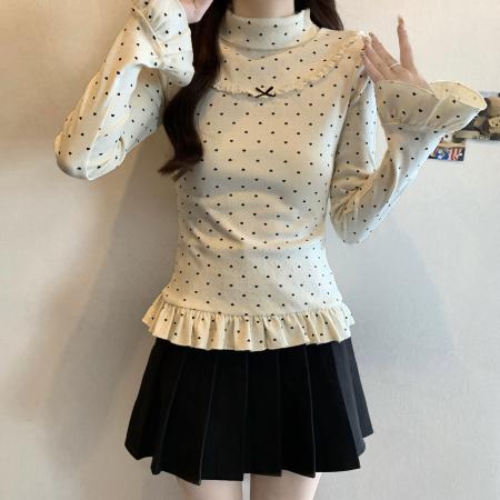 FA46384# 大码秋冬新款高领针织爱心波点蕾丝蝴蝶结荷叶边打底衫上衣 服裝批發女裝批發服飾貨源