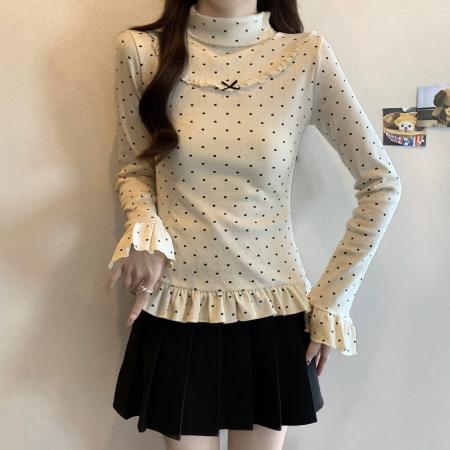 FA46384# 大码秋冬新款高领针织爱心波点蕾丝蝴蝶结荷叶边打底衫上衣 服裝批發女裝批發服飾貨源