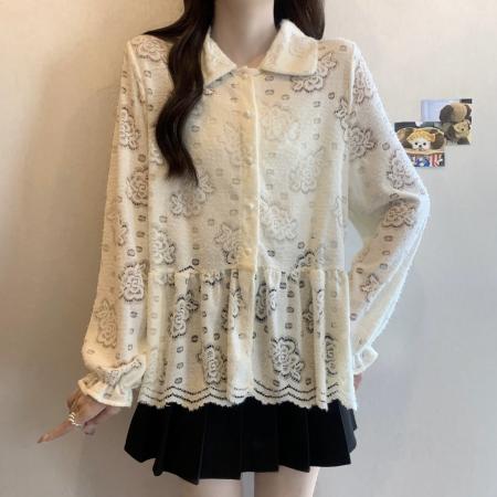 FA46385# 大码秋季新款蕾丝长袖针织衬衫女娃娃领百搭宽松上衣 服裝批發女裝批發服飾貨源