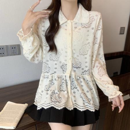 FA46385# 大码秋季新款蕾丝长袖针织衬衫女娃娃领百搭宽松上衣 服裝批發女裝批發服飾貨源