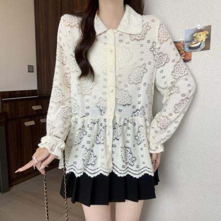 FA46385# 大码秋季新款蕾丝长袖针织衬衫女娃娃领百搭宽松上衣 服裝批發女裝批發服飾貨源