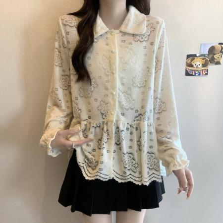 FA46385# 大码秋季新款蕾丝长袖针织衬衫女娃娃领百搭宽松上衣 服裝批發女裝批發服飾貨源