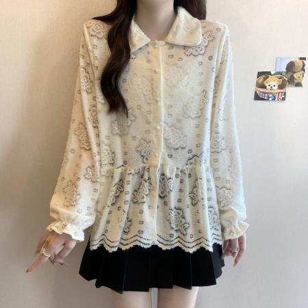 FA46385# 大码秋季新款蕾丝长袖针织衬衫女娃娃领百搭宽松上衣 服裝批發女裝批發服飾貨源