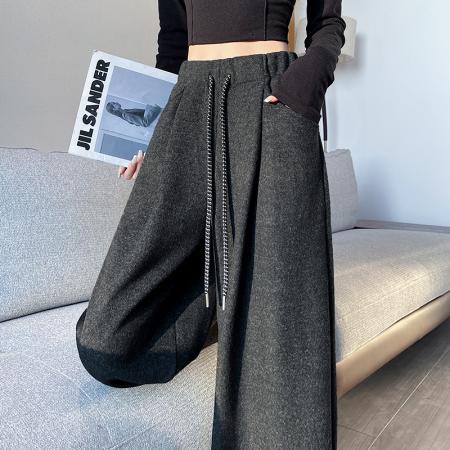 FA46386# 加绒加厚羊绒弯刀裤女秋冬高腰垂感休闲运动麻黑色直筒阔腿裤 服裝批發女裝批發服飾貨源