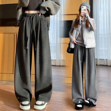 FA46386# 加绒加厚羊绒弯刀裤女秋冬高腰垂感休闲运动麻黑色直筒阔腿裤 服裝批發女裝批發服飾貨源