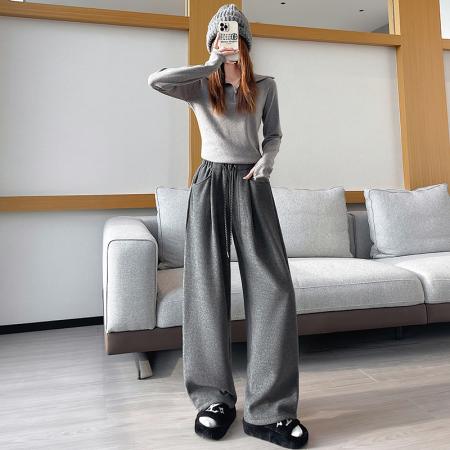 FA46386# 加绒加厚羊绒弯刀裤女秋冬高腰垂感休闲运动麻黑色直筒阔腿裤 服裝批發女裝批發服飾貨源