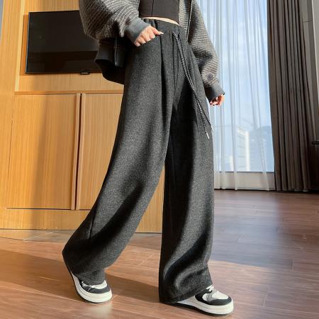 FA46386# 加绒加厚羊绒弯刀裤女秋冬高腰垂感休闲运动麻黑色直筒阔腿裤 服裝批發女裝批發服飾貨源