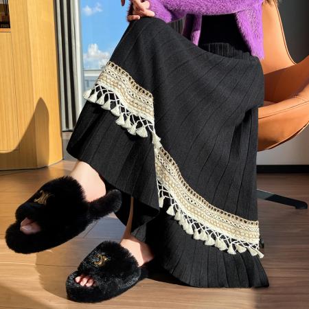 FA46387# 百褶流苏拼接针织半身裙女秋冬软糯高腰A字大摆毛线裙 服裝批發女裝批發服飾貨源