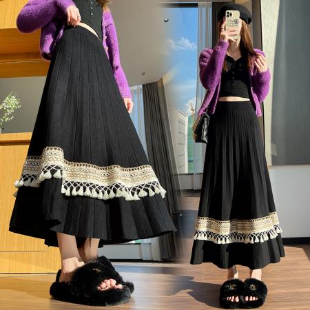FA46387# 百褶流苏拼接针织半身裙女秋冬软糯高腰A字大摆毛线裙 服裝批發女裝批發服飾貨源