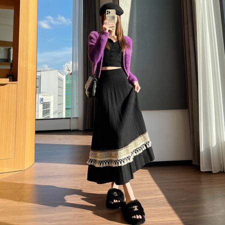 FA46387# 百褶流苏拼接针织半身裙女秋冬软糯高腰A字大摆毛线裙 服裝批發女裝批發服飾貨源