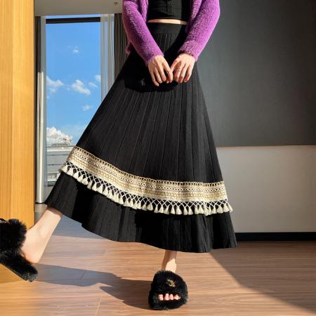 FA46387# 百褶流苏拼接针织半身裙女秋冬软糯高腰A字大摆毛线裙 服裝批發女裝批發服飾貨源