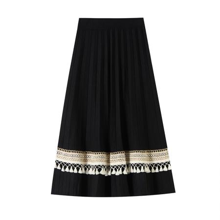 FA46387# 百褶流苏拼接针织半身裙女秋冬软糯高腰A字大摆毛线裙 服裝批發女裝批發服飾貨源