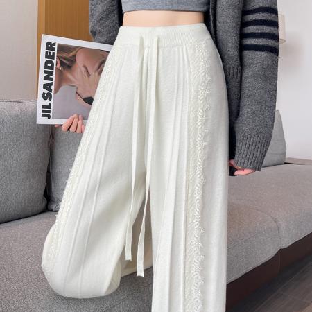 FA46388# 设计感蕾丝针织阔腿裤女秋冬新款高腰显瘦休闲直筒长裤子 服裝批發女裝批發服飾貨源