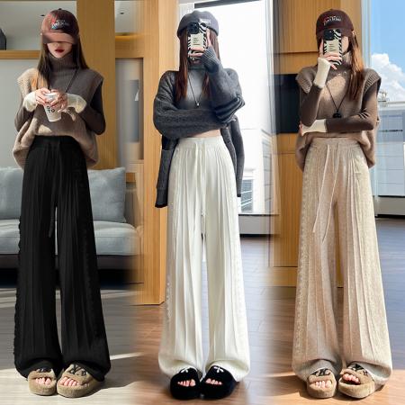 FA46388# 设计感蕾丝针织阔腿裤女秋冬新款高腰显瘦休闲直筒长裤子 服裝批發女裝批發服飾貨源